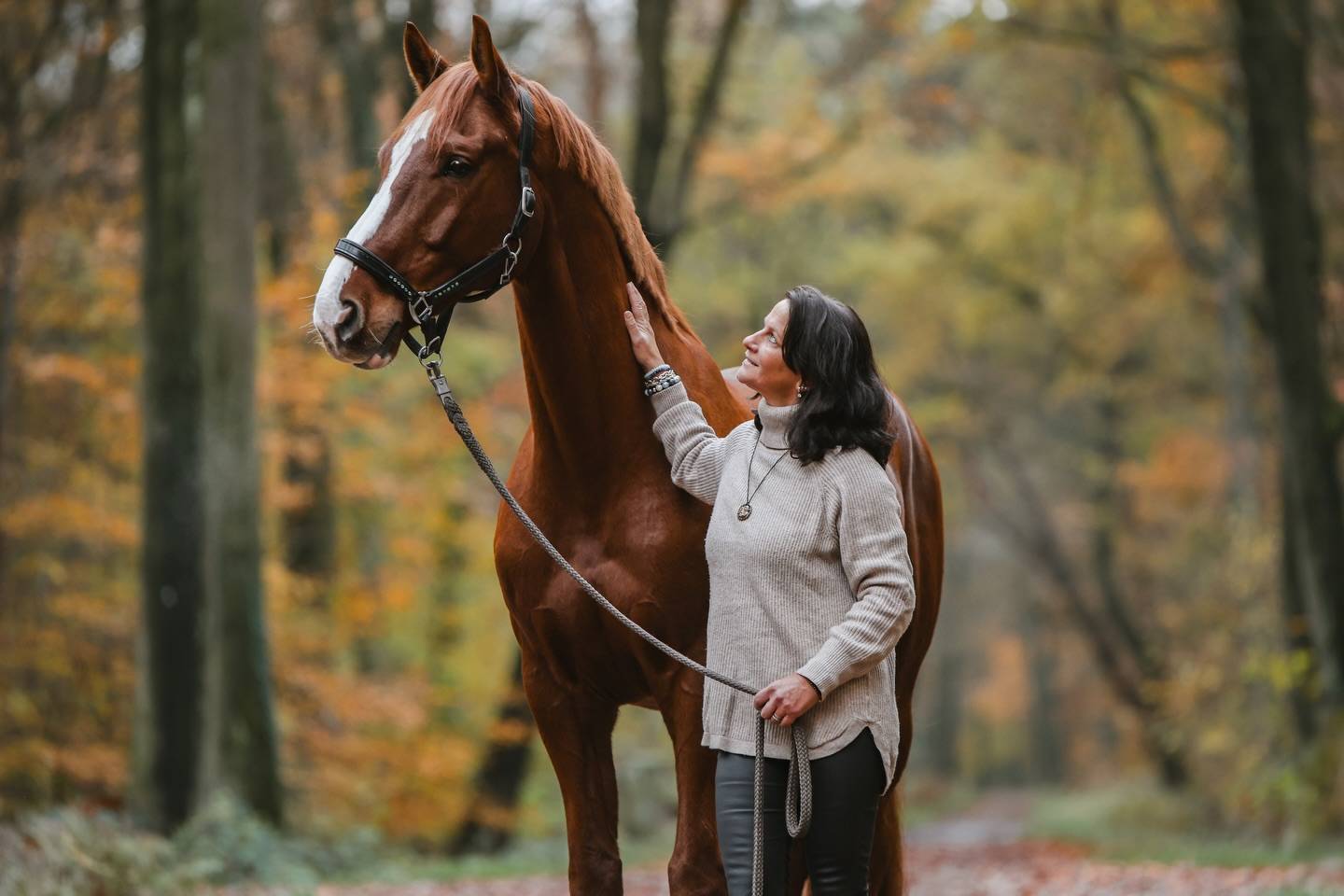 Frau streichelt ihr Fuchspferd mit Blesse am Hals, beide stehen auf einem Waldweg vor orangefarbenem Herbstlaub.